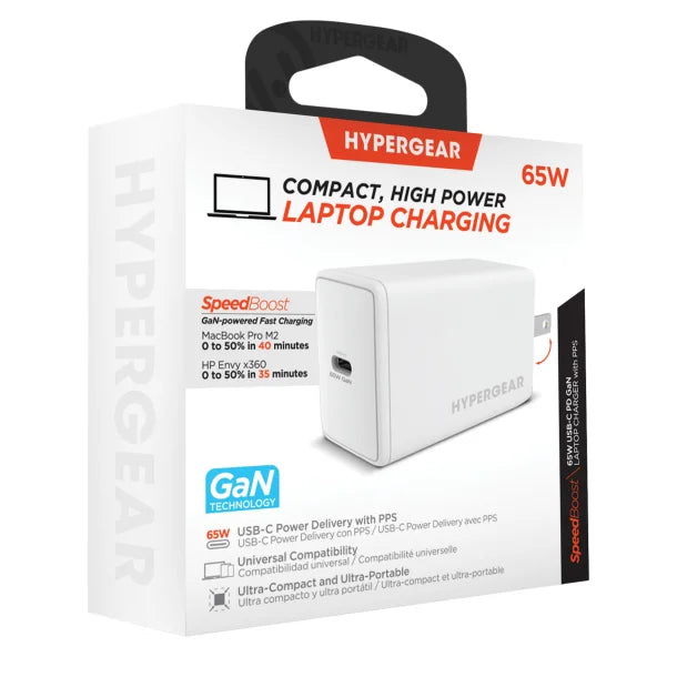 HyperGear® SpeedBoost 65-Watt USB-C® PD GaN Laptop Wall Charger with PPS, White