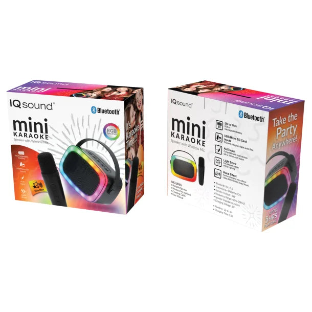 IQ Sound® Mini Karaoke Portable Bluetooth® Speaker with Wireless Microphone and RGB Light Show, IQ-908K (Black)