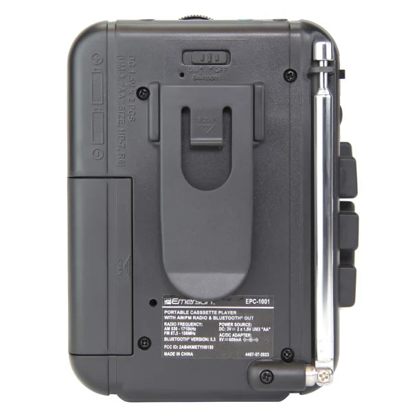 Emerson® Portable Cassette Player with AM/FM Radio, Earbuds, and Bluetooth® Out, Gray, EPC-1001
