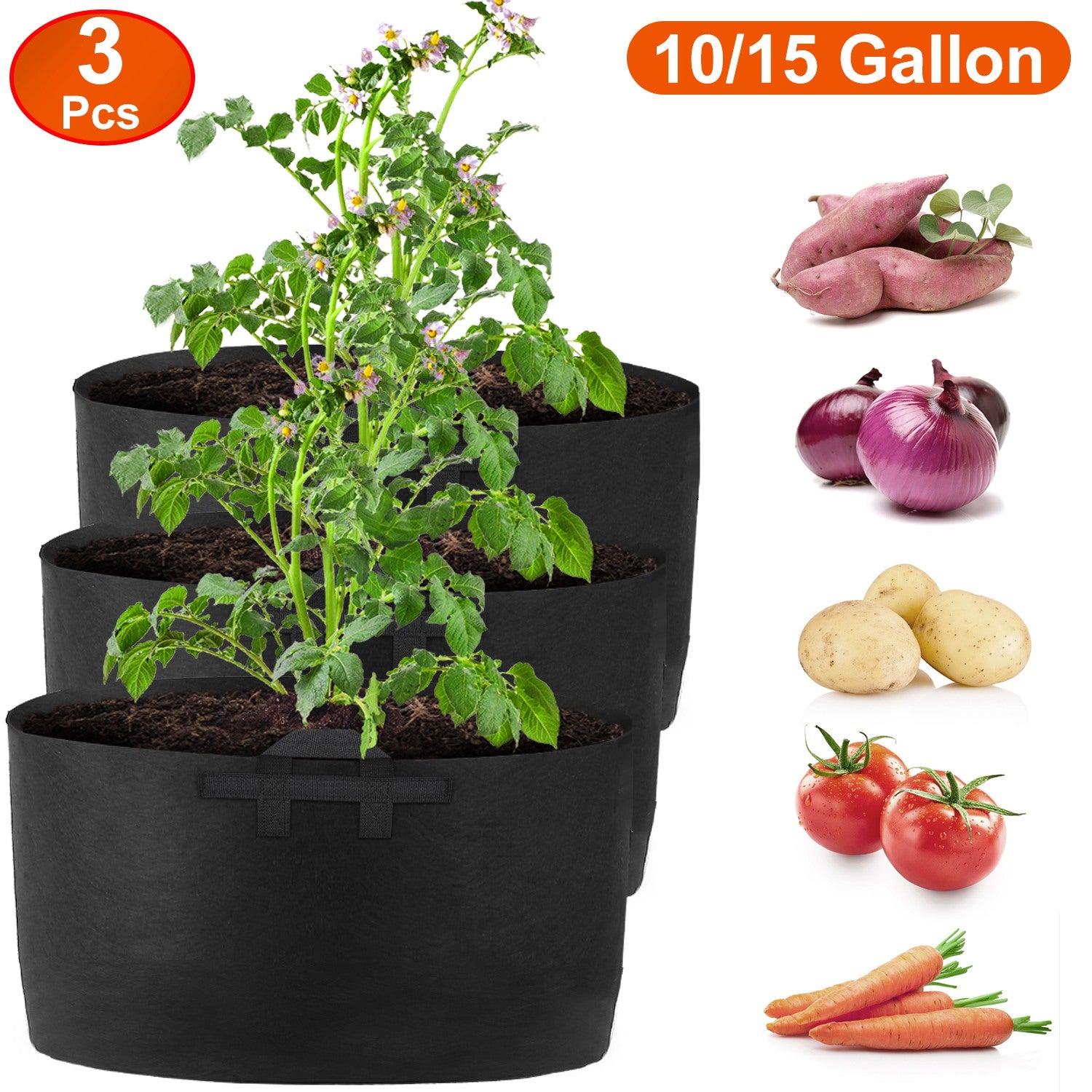 3 Pack Plant Grow Bags Potato Vegetable Planter Bags Breathable Planting Fabric Pots 15Gallons