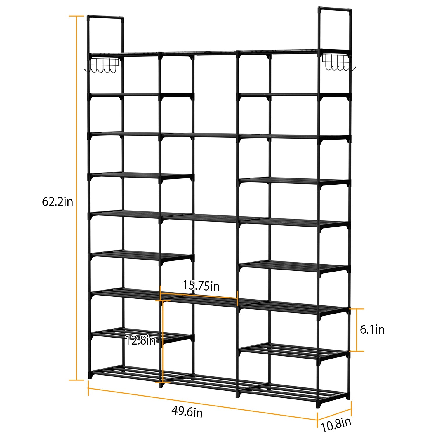 9 Tiers Shoe Rack Metal Shoe Storage Shelf Free Standing Large Shoe Stand 50-55 Pairs Shoe Tower Unit Tall Shoe Organizer with 2 Hooks for Entryway Cl