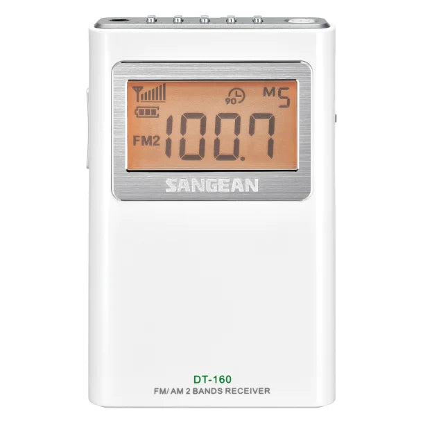 Sangean® AM/FM-Stereo Pocket Digital Clock Radio with Earbuds, White, DT-160