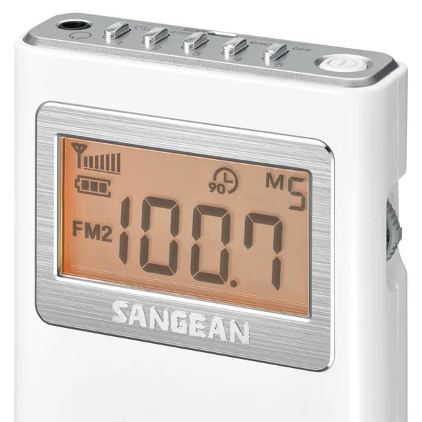 Sangean® AM/FM-Stereo Pocket Digital Clock Radio with Earbuds, White, DT-160
