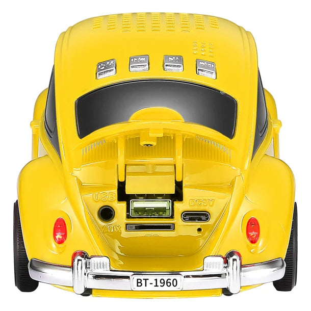 QFX® BT-1960 Retro Car Portable Bluetooth® Speaker with Speakerphone, True Wireless, FM Radio, and LED Party Lights (Yellow)