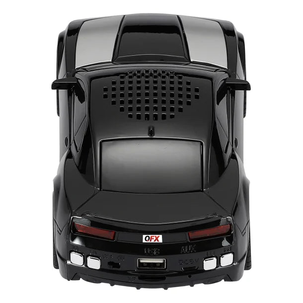 QFX® BT-2010 Retro Car Portable Bluetooth® Speaker with Speakerphone, True Wireless, FM Radio, and LED Party Lights (Black)