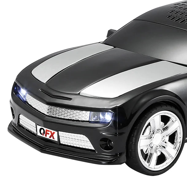 QFX® BT-2010 Retro Car Portable Bluetooth® Speaker with Speakerphone, True Wireless, FM Radio, and LED Party Lights (Black)