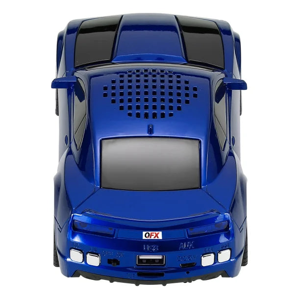 QFX® BT-2010 Retro Car Portable Bluetooth® Speaker with Speakerphone, True Wireless, FM Radio, and LED Party Lights (Blue)