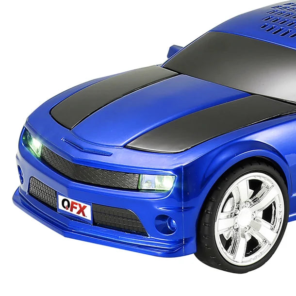 QFX® BT-2010 Retro Car Portable Bluetooth® Speaker with Speakerphone, True Wireless, FM Radio, and LED Party Lights (Blue)