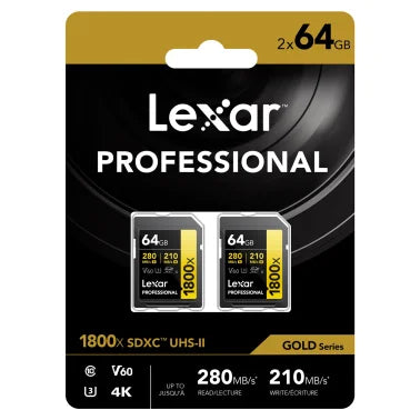 Lexar® Professional GOLD Series 1800x SDXC™ UHS-II Card, 64 GB, 2 Pack