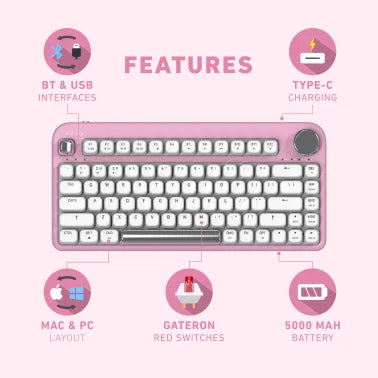 Azio IZO Bluetooth® and USB Mechanical Computer Keyboard with Red Switches (Pink Blossom)