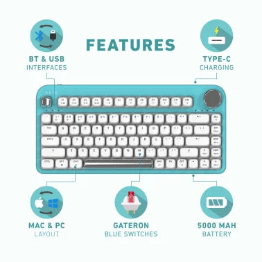 Azio IZO Bluetooth® and USB Mechanical Computer Keyboard with Red Switches (Mint Daisy)