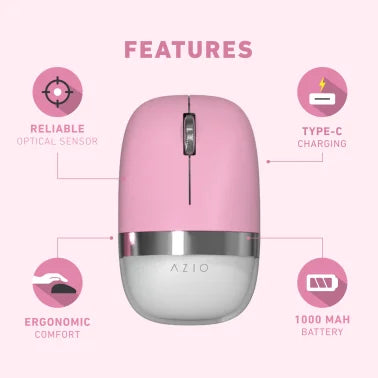 Azio IZO Cordless Optical Computer Mouse, Ergonomic, 3 Buttons, Bluetooth® 3.0/5.0 and 2.4G RF-USB (Pink Blossom)