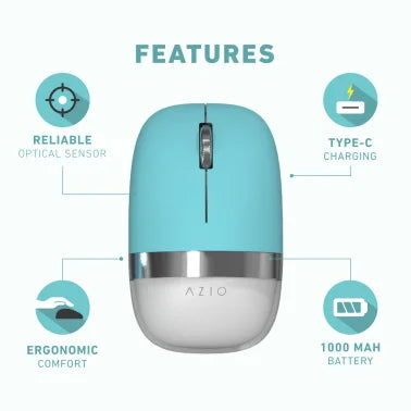 Azio IZO Cordless Optical Computer Mouse, Ergonomic, 3 Buttons, Bluetooth® 3.0/5.0 and 2.4G RF-USB (Mint Daisy)