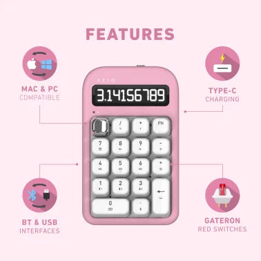 Azio IZO Number Pad/Standalone Calculator with Red Switches, Bluetooth® and USB (Pink Blossom)
