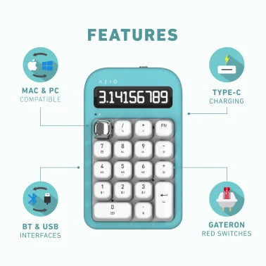 Azio IZO Number Pad/Standalone Calculator with Red Switches, Bluetooth® and USB (Mint Daisy)