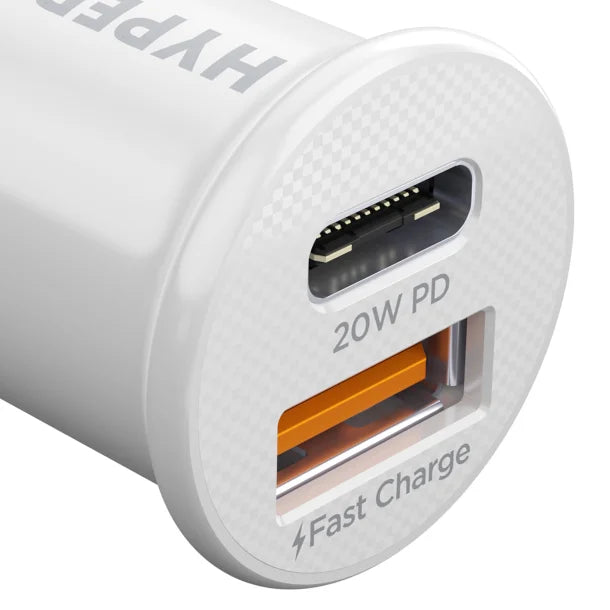 HyperGear® mini Dual 20-Watt USB-C® PD and 18-Watt USB Car Charger (White)