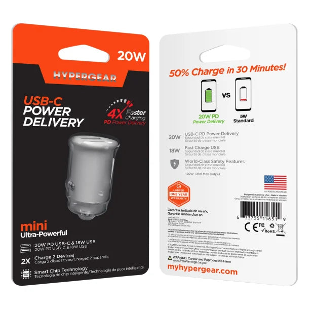 HyperGear® mini Dual 20-Watt USB-C® PD and 18-Watt USB Car Charger (White)