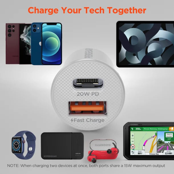 HyperGear® mini Dual 20-Watt USB-C® PD and 18-Watt USB Car Charger (White)