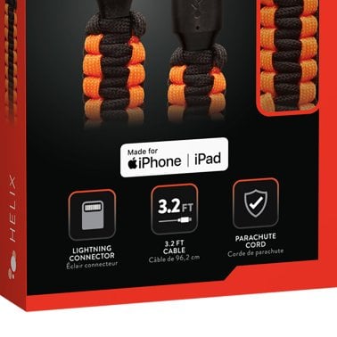 HELIX Lightning® to USB-A 3.2-Ft. Paracord Charge and Sync Cable, Orange and Black