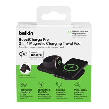 Belkin® BoostCharge Pro 2-in-1 Magnetic Foldable Wireless Charging Travel Pad with 15-Watt Qi2, Black