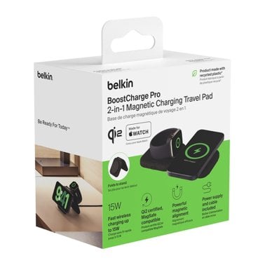 Belkin® BoostCharge Pro 2-in-1 Magnetic Foldable Wireless Charging Travel Pad with 15-Watt Qi2, Black