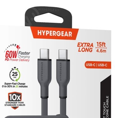 HyperGear® Flexi Pro USB-C® to USB-C® Soft-Touch Silicone Fast Charge and Sync Cable (15 Ft.; Gray)