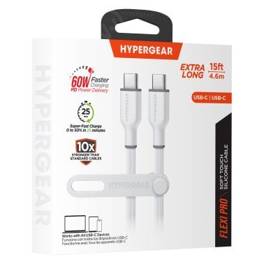 HyperGear® Flexi Pro USB-C® to USB-C® Soft-Touch Silicone Fast Charge and Sync Cable (15 Ft.; White)