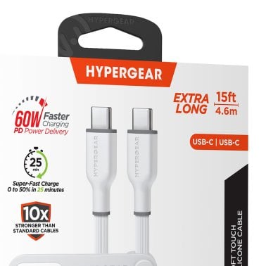 HyperGear® Flexi Pro USB-C® to USB-C® Soft-Touch Silicone Fast Charge and Sync Cable (15 Ft.; White)