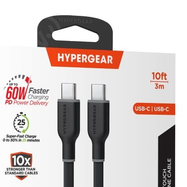 HyperGear® Flexi Pro USB-C® to USB-C® Soft-Touch Silicone Fast Charge and Sync Cable (10 Ft.; Black)