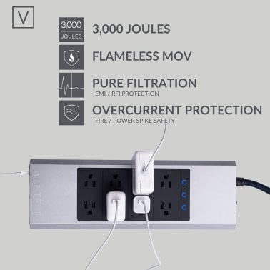 Austere® V Series Power 3,000-Joules Surge Protector Power Strip and USB Charger, 8 AC Outlets and 5 OmniPort USB Ports, 6-Ft. Cord, 5S-PS8-US1