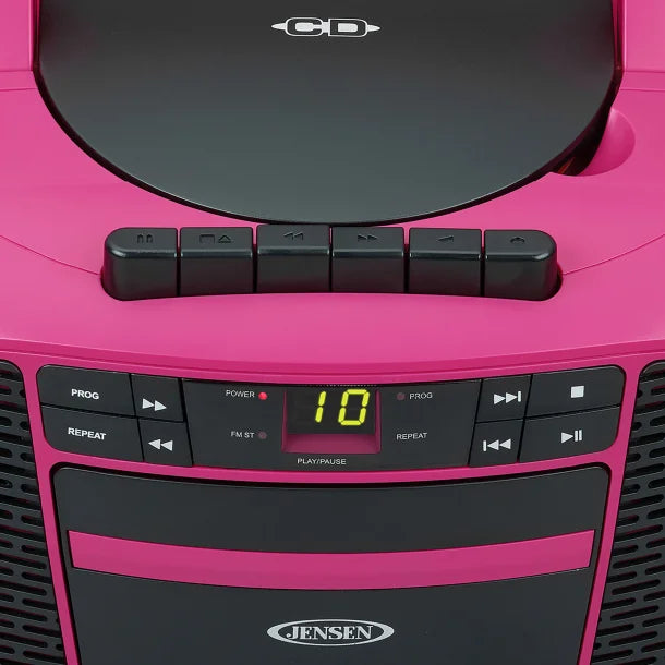 JENSEN® Portable CD Music System with Cassette Player/Recorder and AM/FM Stereo Radio, CD-550 (Magenta/Black)