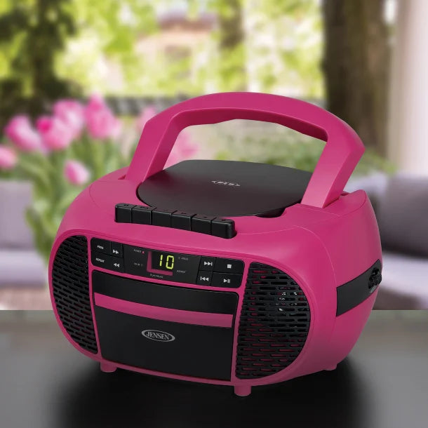 JENSEN® Portable CD Music System with Cassette Player/Recorder and AM/FM Stereo Radio, CD-550 (Magenta/Black)