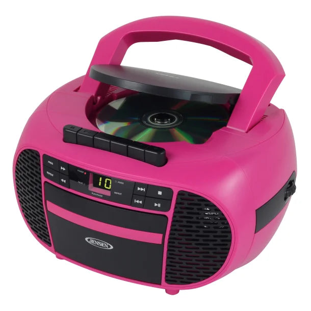 JENSEN® Portable CD Music System with Cassette Player/Recorder and AM/FM Stereo Radio, CD-550 (Magenta/Black)