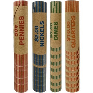 Nadex Coins™ 256 Assorted Preformed Crimped End Coin Roll Wrappers, 64 Each of Nickels, Dimes, Pennies, and Quarters
