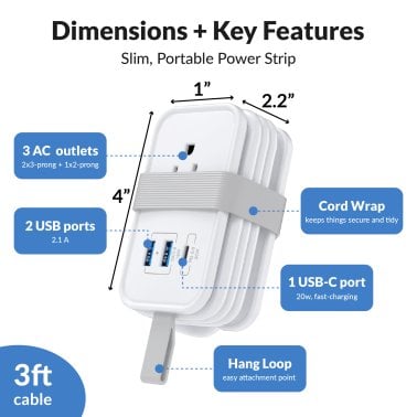 Uncaged Ergonomics® Portable Travel Power Strip, 3 AC Outlets, 2 USB-A Ports, and 1 USB-C® 20-Watt Fast-Charging Port, 3-Ft. Cord (White)