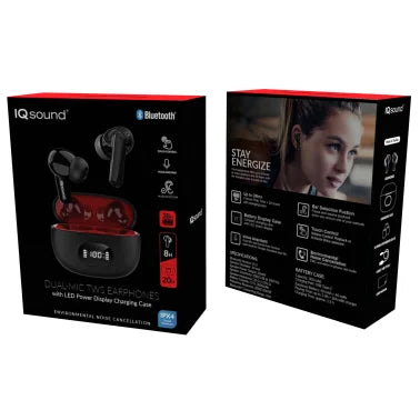 IQ Sound® Bluetooth® Earphones with Microphones, True Wireless with LED-Power-Display Charging Case, Black, IQ-243TWS
