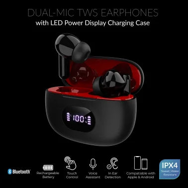 IQ Sound® Bluetooth® Earphones with Microphones, True Wireless with LED-Power-Display Charging Case, Black, IQ-243TWS