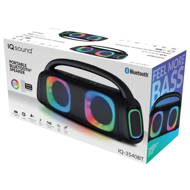 IQ Sound® Bluetooth® Boom Box Speaker with FM Radio, RGB Light Show, and Remote, True Wireless, Black, IQ-3540BT
