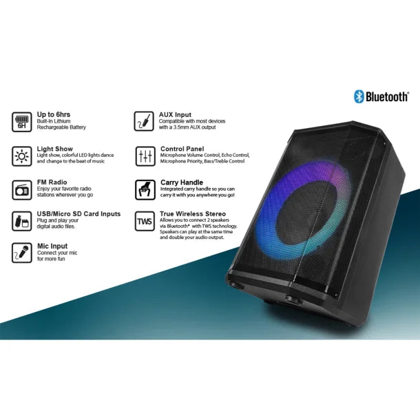 IQ Sound® Pro DJ Bluetooth® Portable Party System, True Wireless, with Lights, Wireless Microphone, and Remote, IQ-6708DJBT