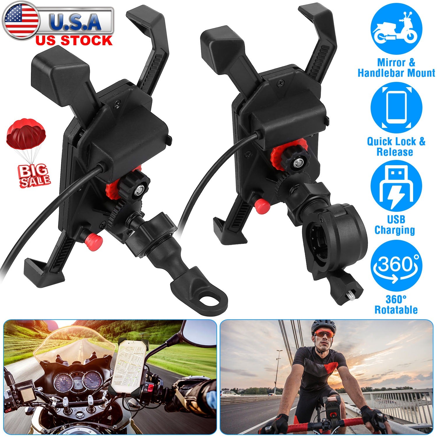 Handlebar Mirror Mobile Phone Holder Bicycle Bike Motorcycle Bracket Mount for 4in-6.5in Screen USB Rechargeable