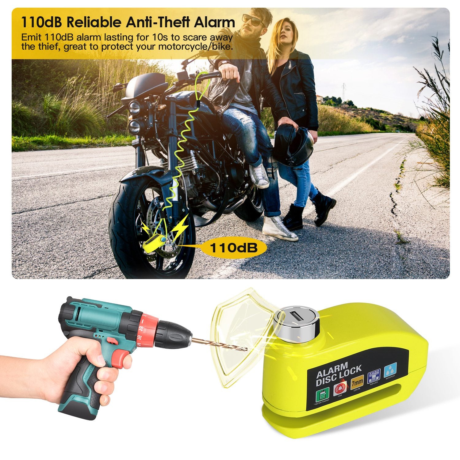 Motorcycle Disc Lock Alarm Anti-theft Brake Disc Lock Wheel Alarm Security Lock with 110dB Alarm 2 Keys 3.94FT Reminder Cable for Motorbike Bike Scoot