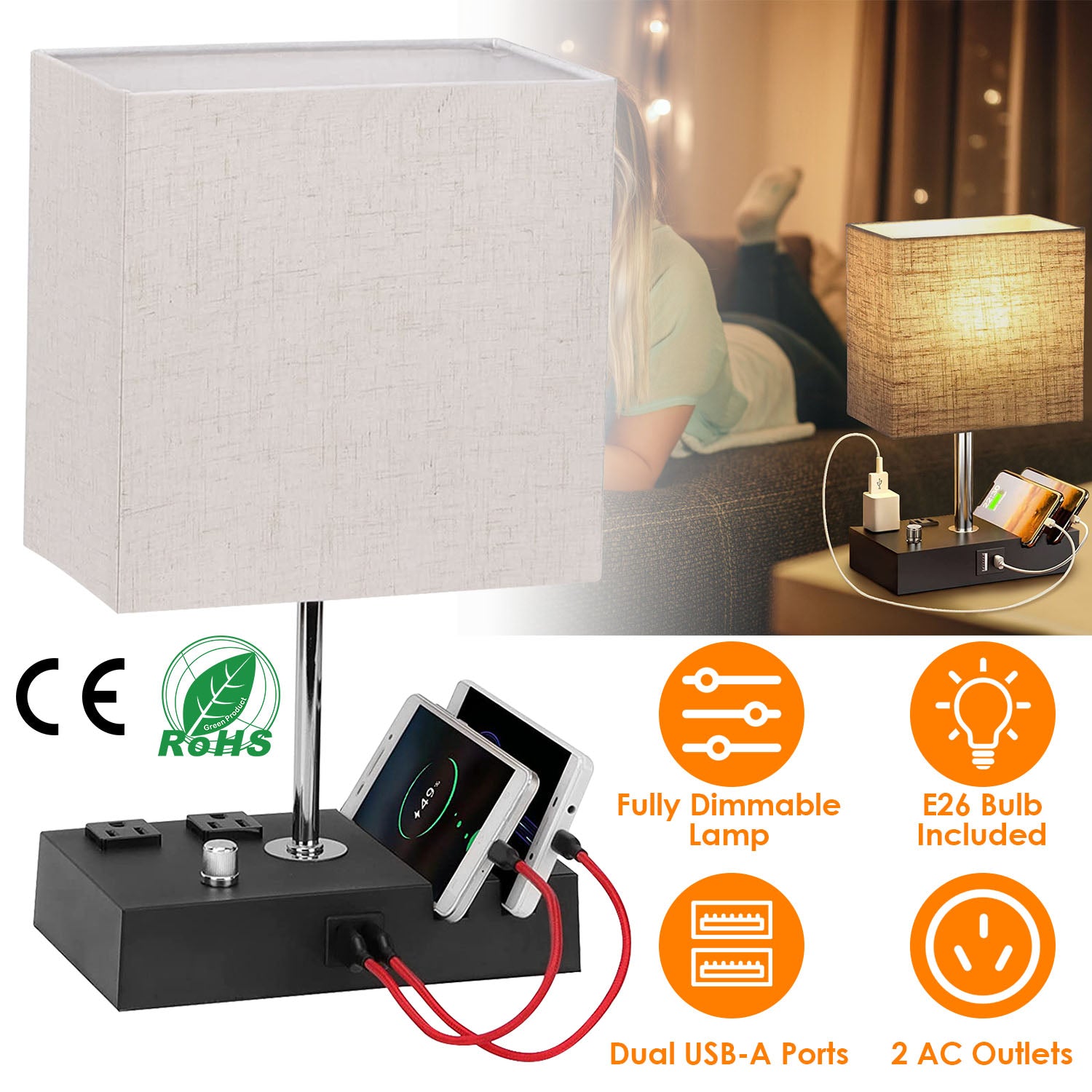 Fully Dimmable Table Lamp for Bedroom Living Room Bedside Lamp for Nightstand Dual USB Ports 2 Power Outlets LED Bulb Included