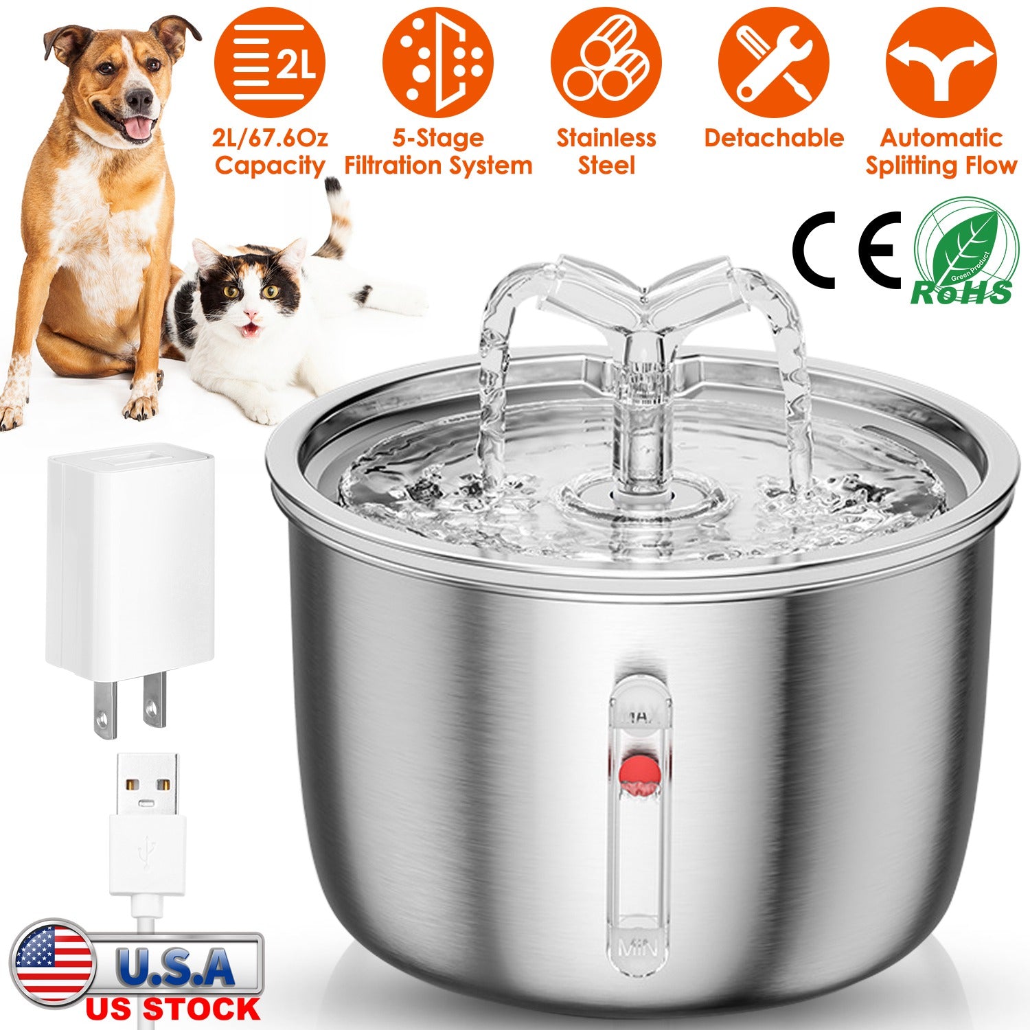 2L/67.6Oz Automatic Electric Pet Water Fountain Stainless Steel Pet Drinking Fountain Cat Dog Water Dispenser with Water Level Ultra-quiet Pump
