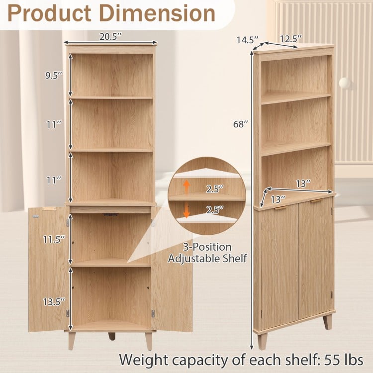 68 Inch Tall Corner Cabinet with Fluted Doors for Bathroom-Oak