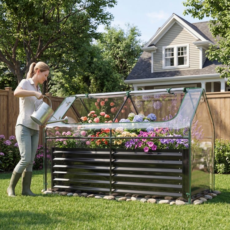 68 x 33 x 21 Inch Galvanized Raised Garden Bed with Cover-Black