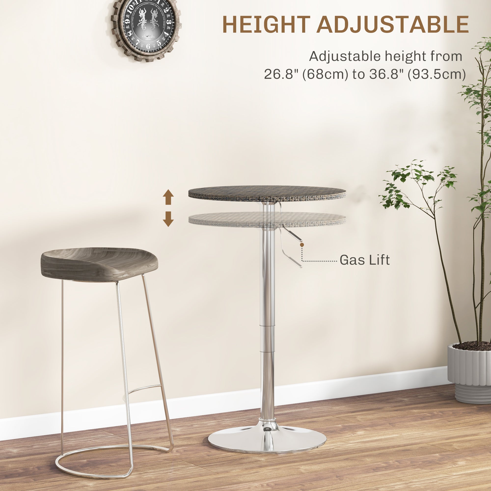 HOMCOM Adjustable Bar Table for 2, Round Pub Table with PE Rattan Top and Steel Base for Home Bar, Small Dining Room, Brown