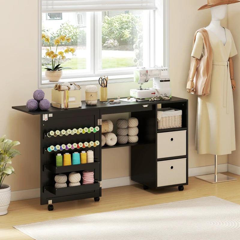 Rolling Sewing Machine Table with Power Outlet, Folding Craft Table with 2 Fabric Drawers, 2 Bins and 18 Pegs, Black