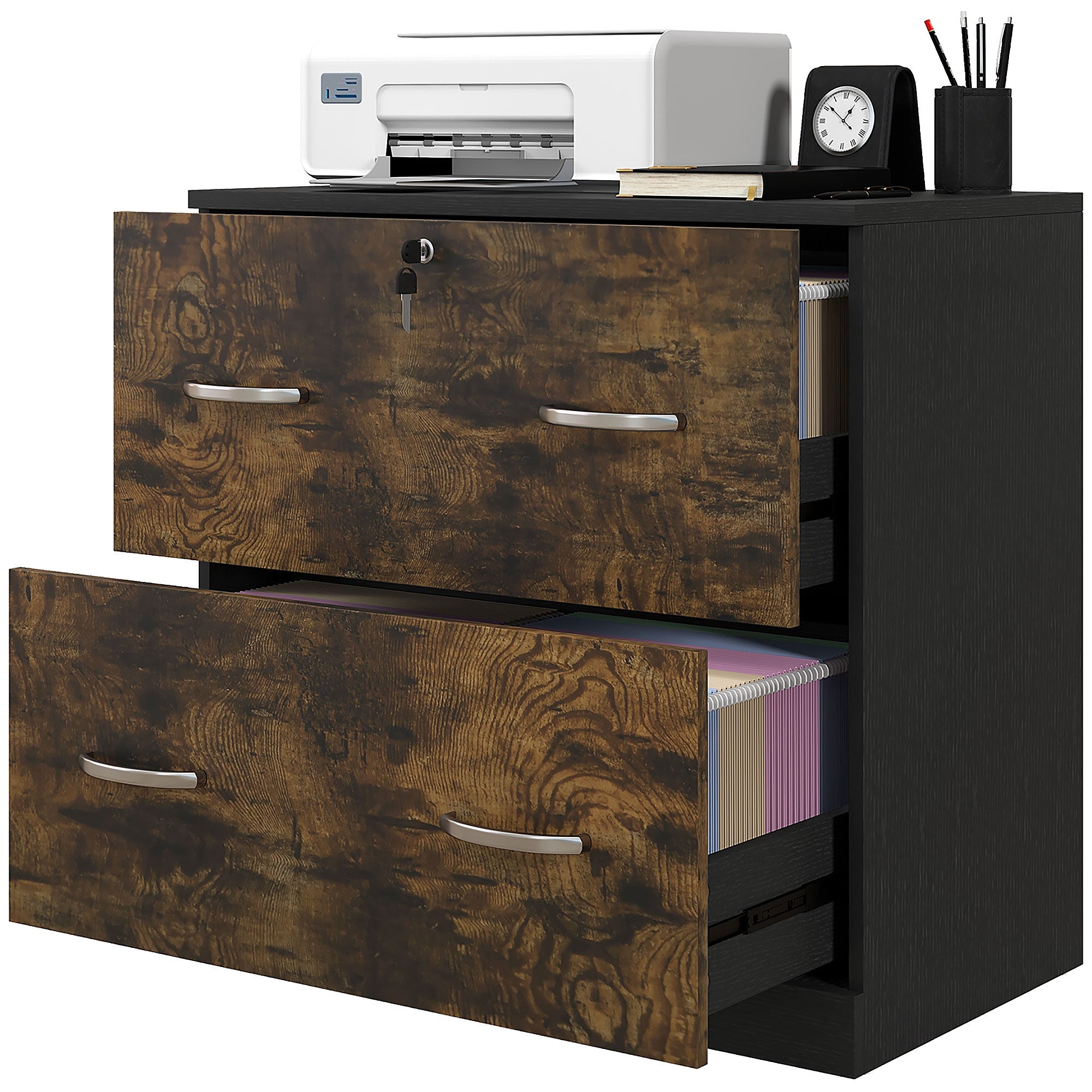 Vinsetto 2 Drawer File Cabinet with Lock, Office Filing Cabinet, Hanging Bar for Letter Size, Home Office, Rustic Brown