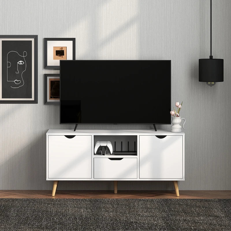 TV Stand with Storage for up to 50" TV, Modern TV Table with Open Shelf, Drawer and 2 Cabinets, White