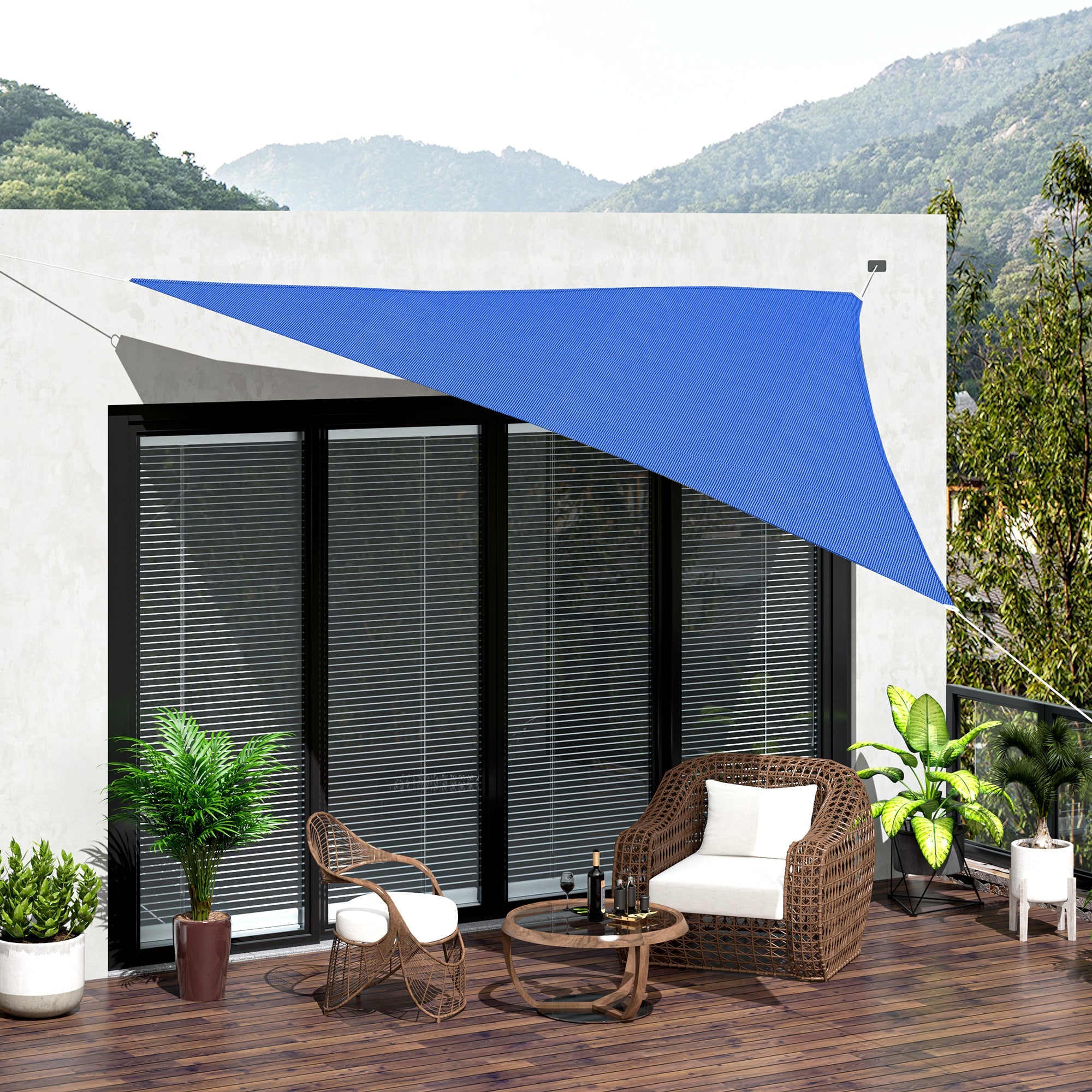 Outsunny Triangular Retreat: 16.5' Sun Sail Shade Canopy, UV Guard Outdoor Patio Shelter, Blue with Carry Bag